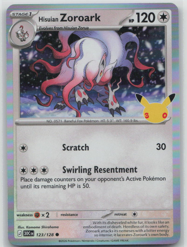 123/128 NM Hisuian Zoroark Common ME: 30th Celebration