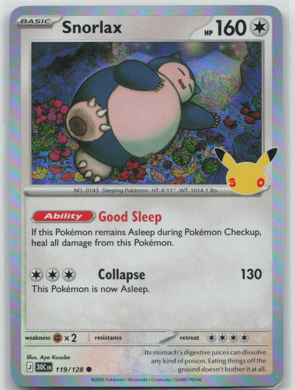119/128 NM Snorlax Common ME: 30th Celebration