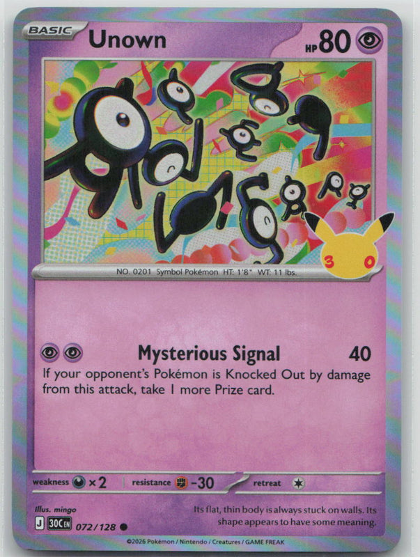 072/128 Unown Holo Common ME: 30th Celebration NM