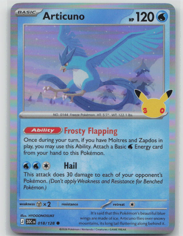 018/128 Articuno Holo Common ME: 30th Celebration NM
