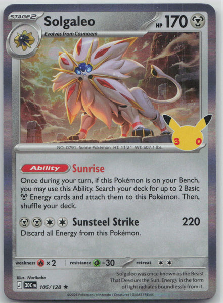 105/128 NM Solgaleo Rare ME: 30th Celebration