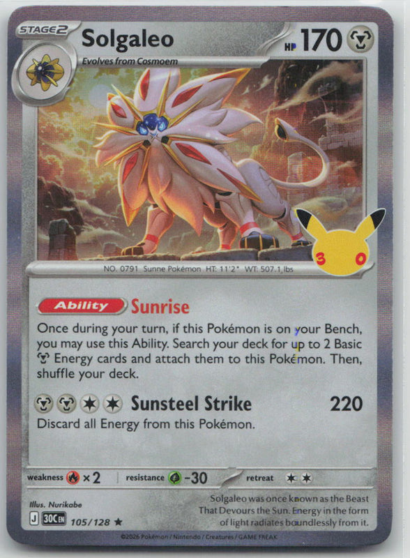 105/128 Solgaleo Holo Rare ME: 30th Celebration NM