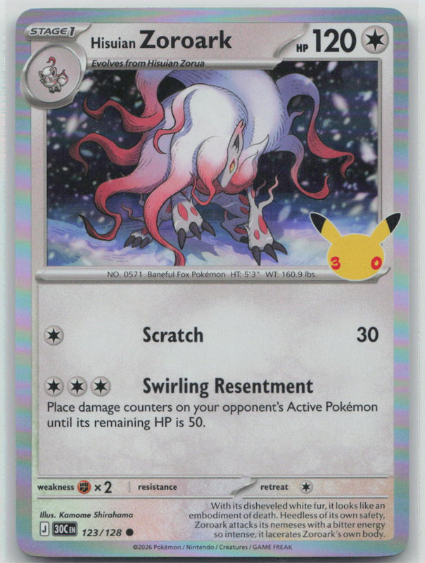 123/128 Hisuian Zoroark Holo Common ME: 30th Celebration NM