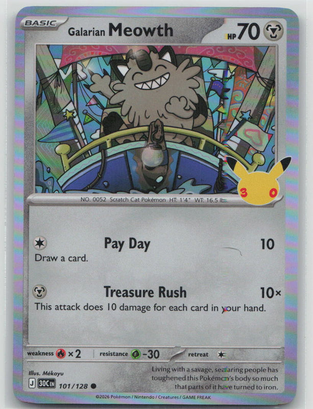 101/128 Galarian Meowth Holo Common ME: 30th Celebration NM