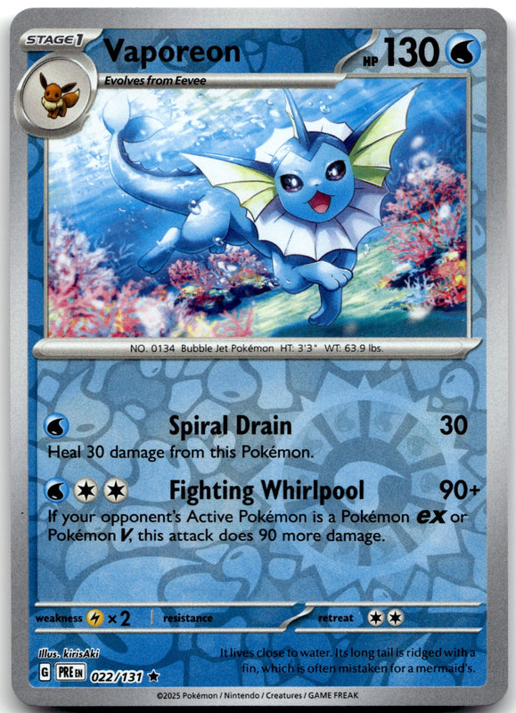 022/131 Vaporeon Reverse Holo Rare SV: Prismatic Evolutions NM